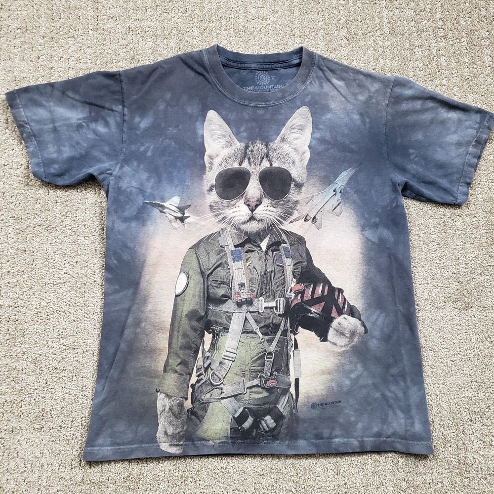 THE MOUNTAIN Shirt Mens Small Blue Cat Kitten Aviator Fighter Pilot Tie Dye